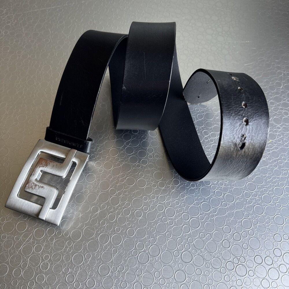 J Lindeberg Mens Leather Belt 36 Italy JL Logo Buckle Black Altered Extra Holes